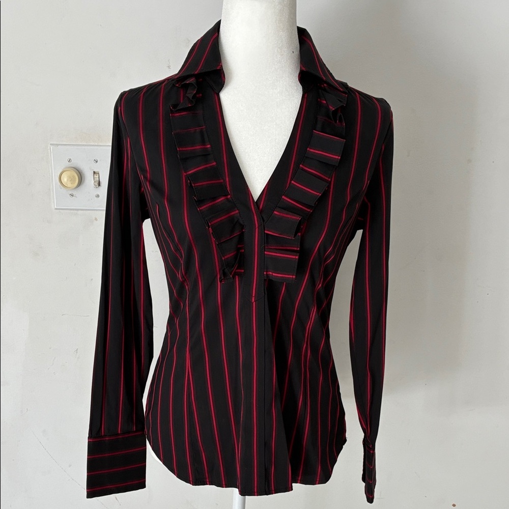 Express-Black and Red Collared Striped Ruffle Blouse